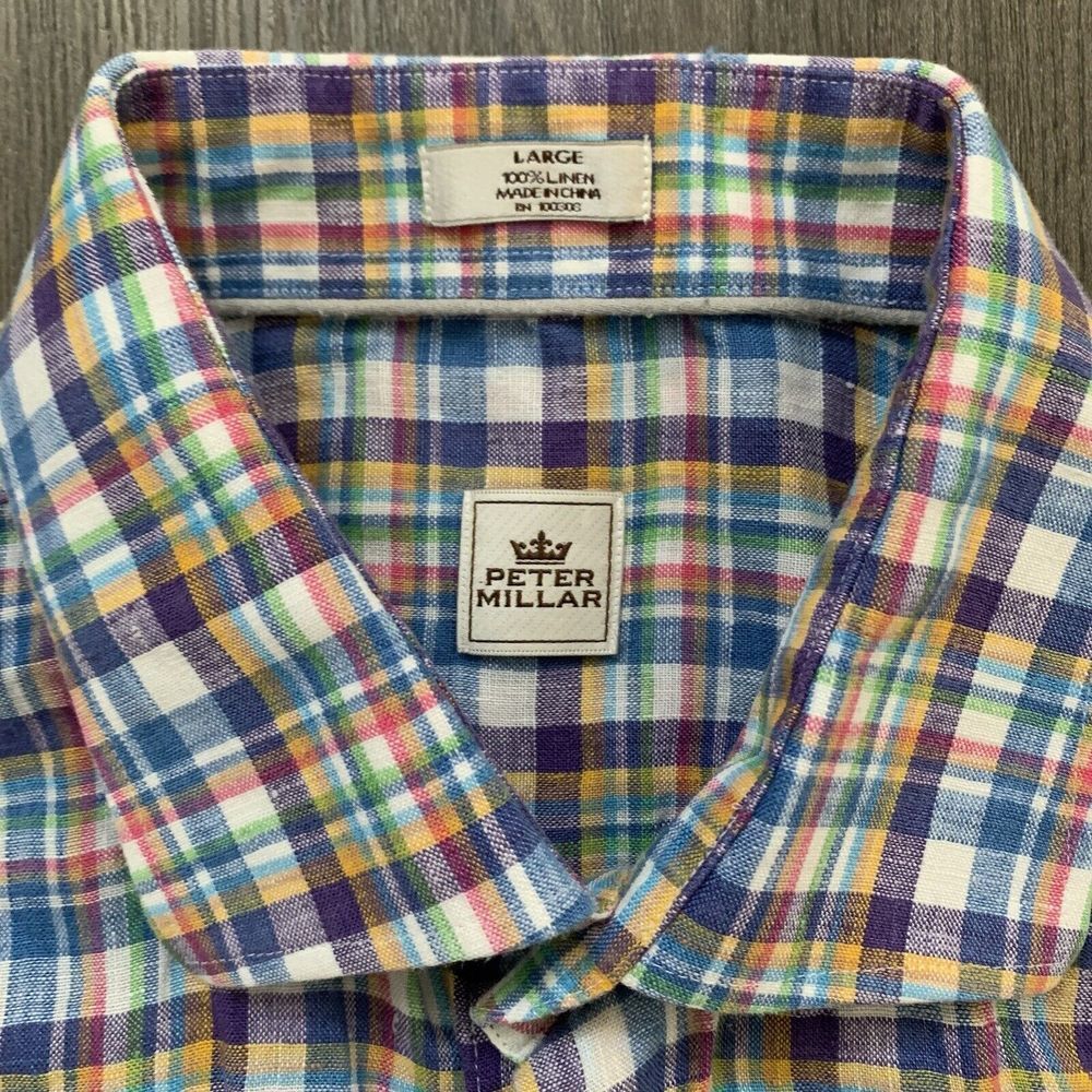 Peter Millar Shirt Mens Large Blue Pink Plaid Button Up Casual Pocket 100% Linen - Picture 3 of 7